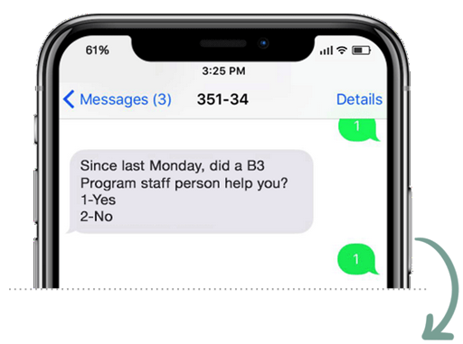 An example question sent to survey participants: 'Since last Monday, did a B3 Program staff person help you?'