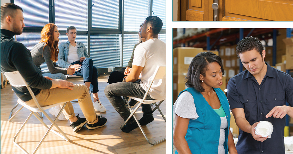 Collage showing a counseling session and a woman learning a task in the workplace