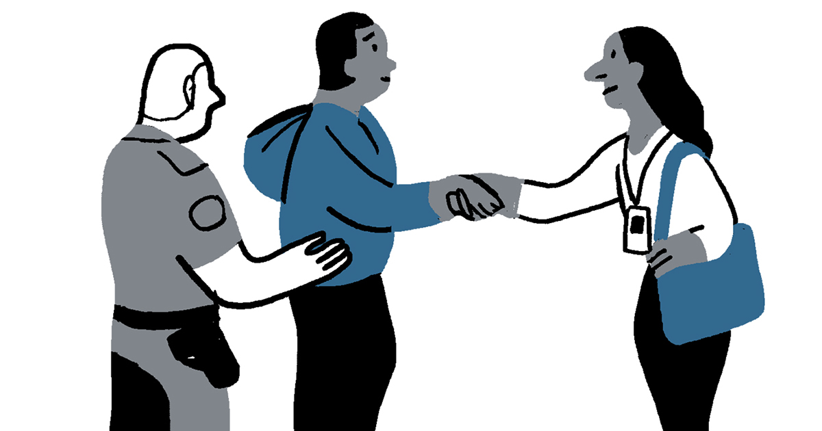 an illustration of two men shaking hands and a police man