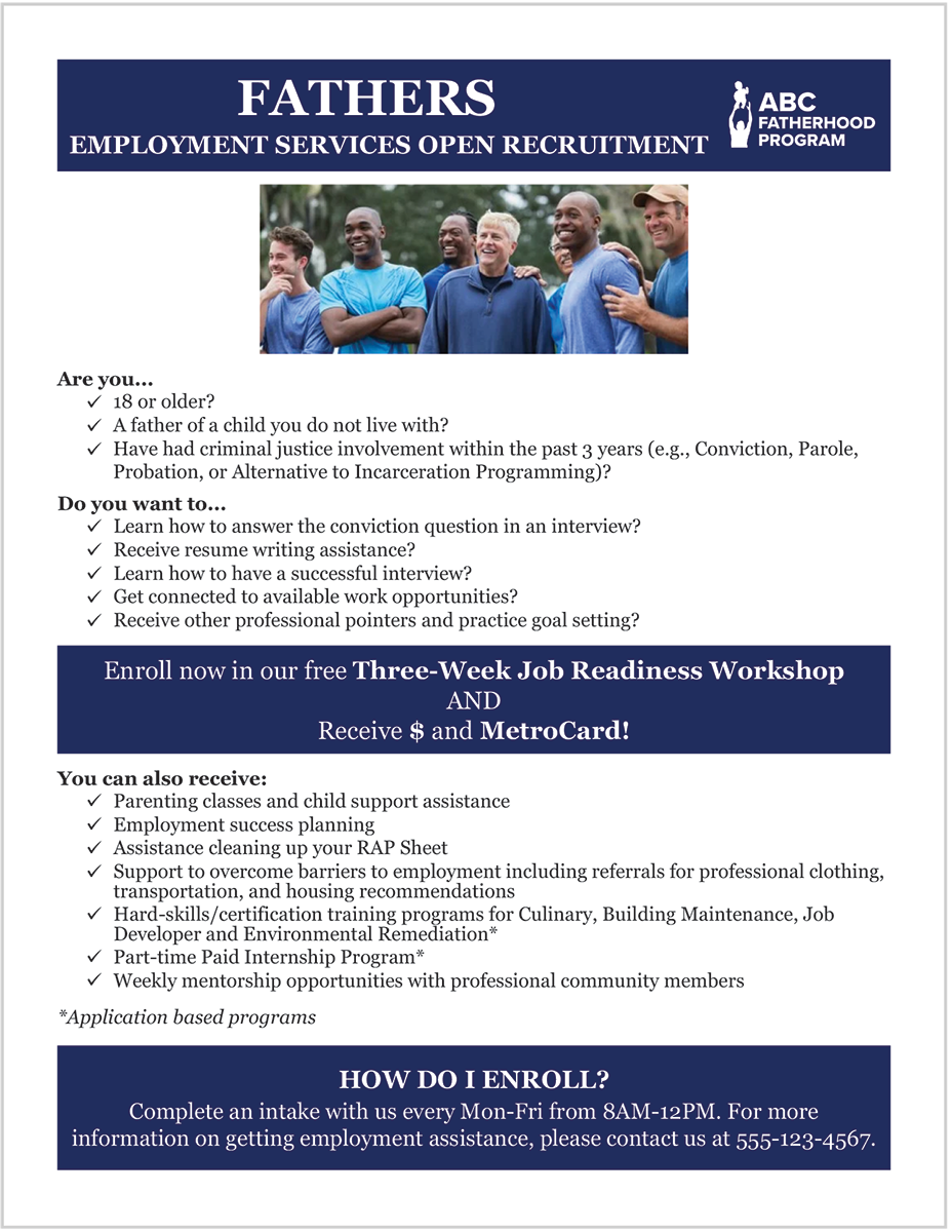 Standard flyer for fatherhood program inviting readers to enroll in a job readiness workshop