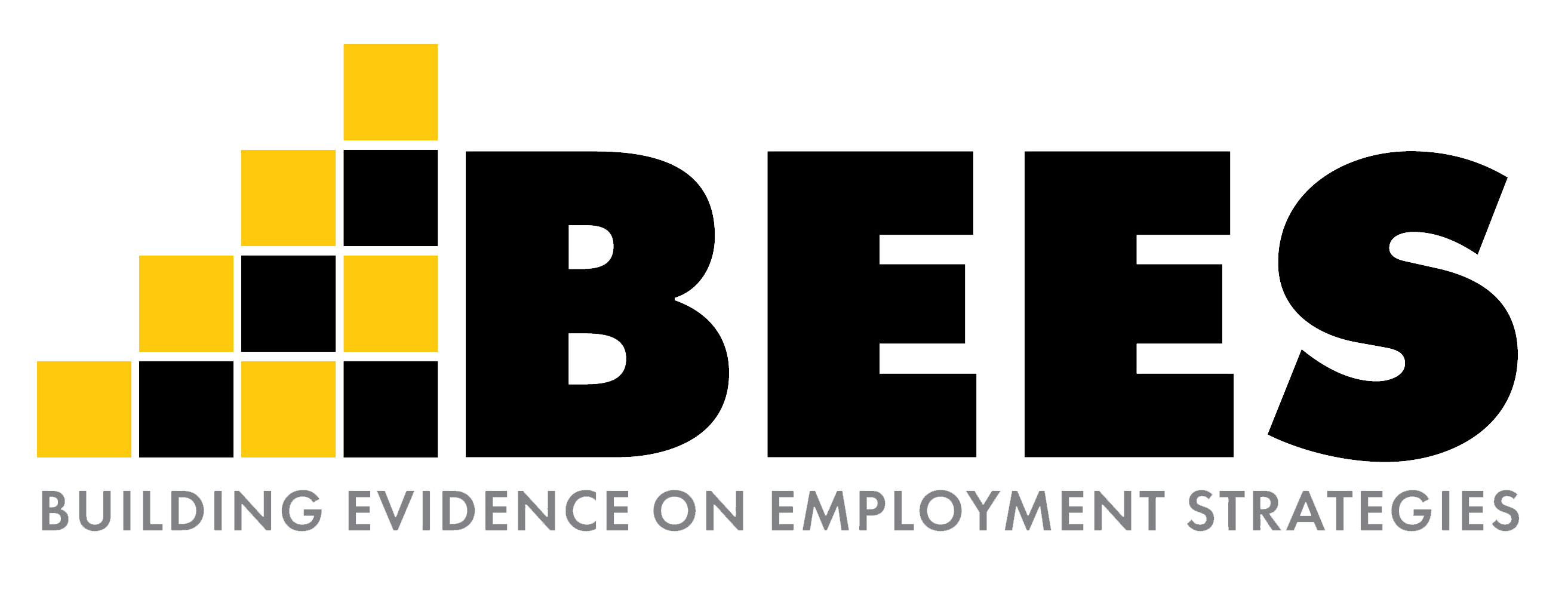 BEES logo showing yellow and black squares in a stepped pattern with BEES in large black lettering and Building Evidence on Employment Strategies in smaller gray lettering