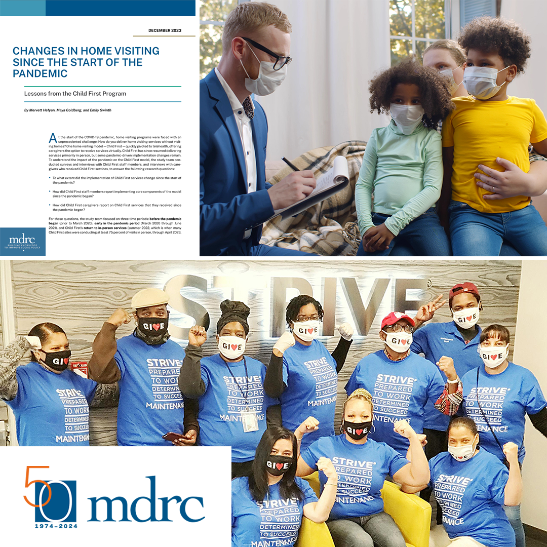 Collage of masked social worker visiting a family, a group shot of masked STRIVE team members, and a report cover about changes in home visiting since the pandemic began