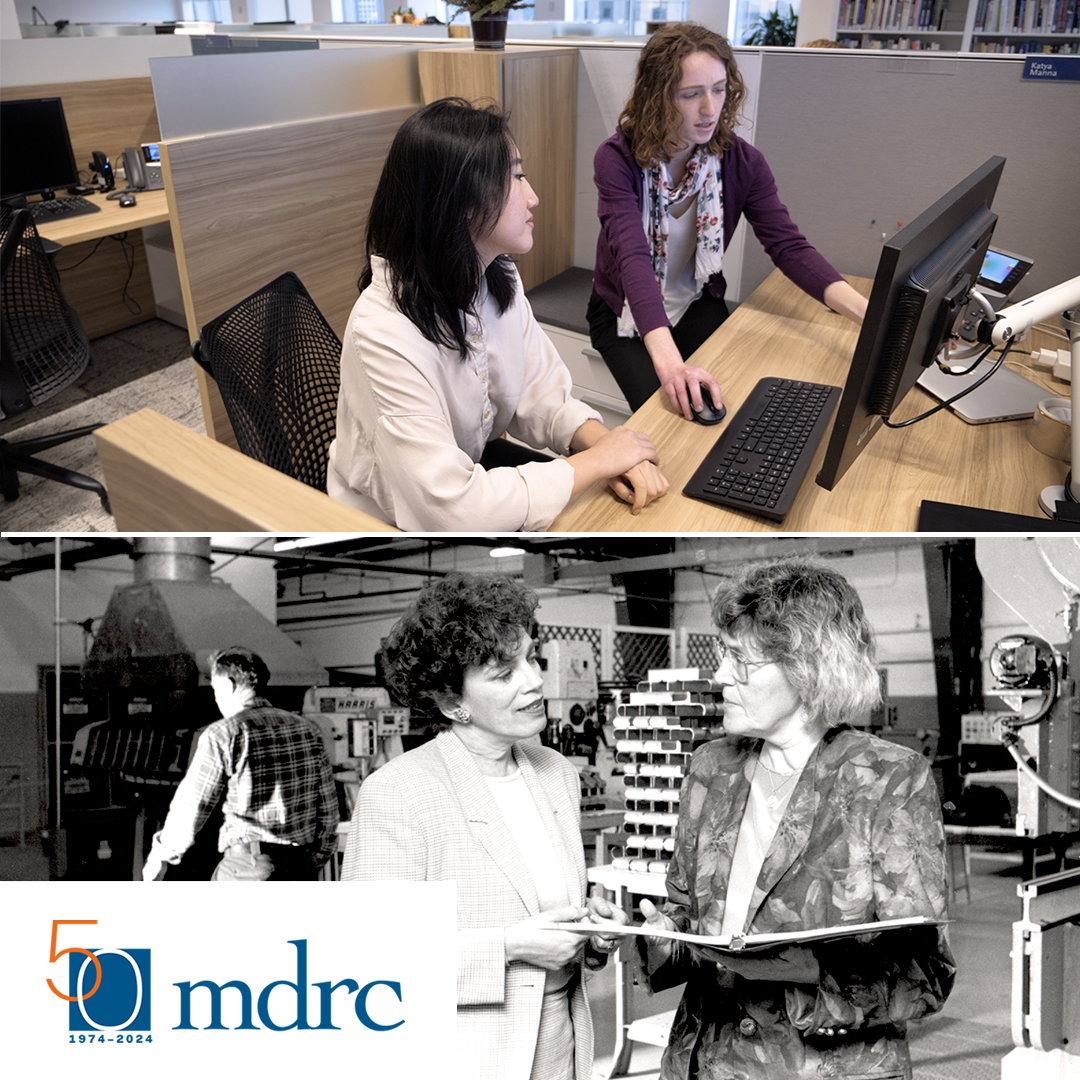 Color image of two women looking at a computer paired with black and white image of two women looking at a report in a binder