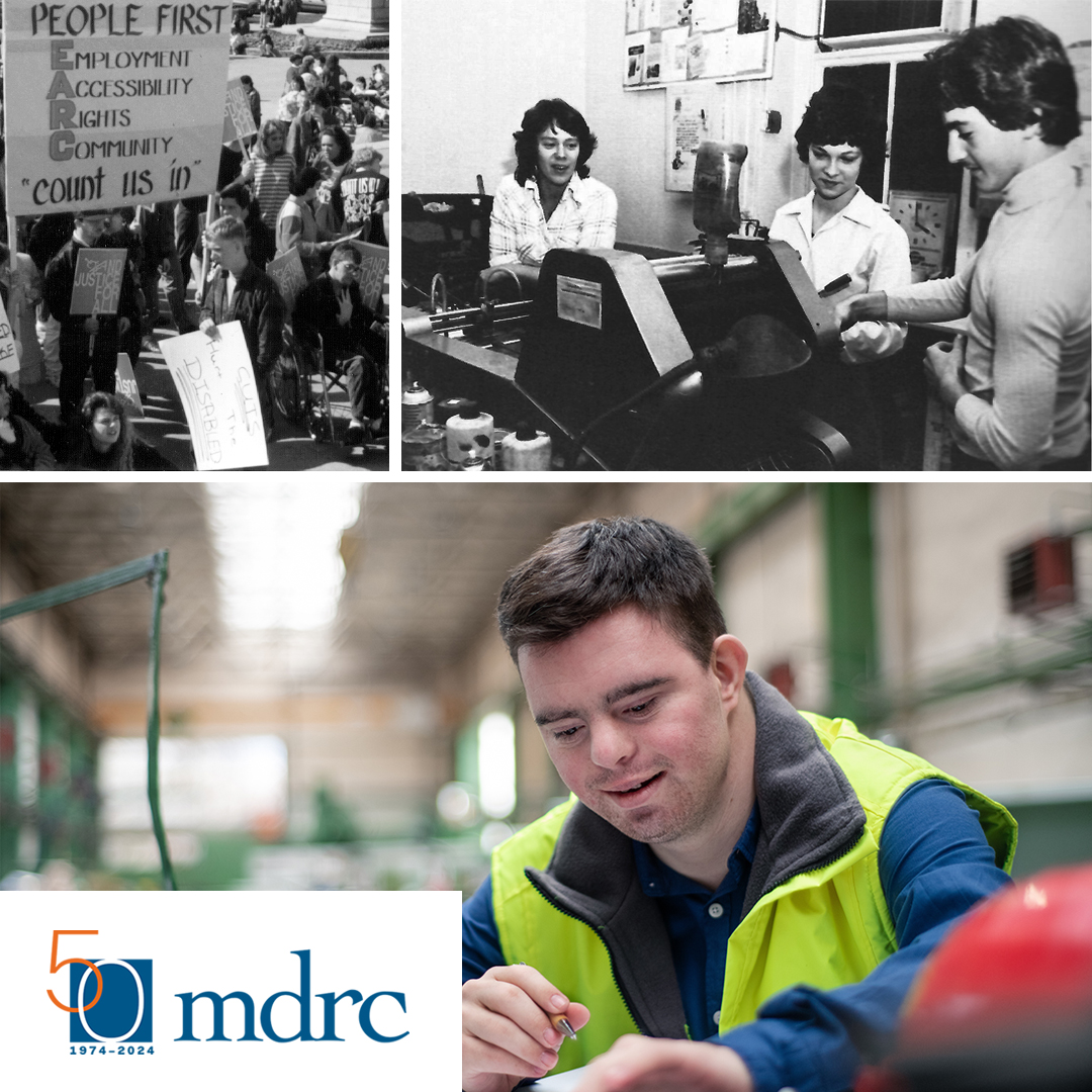 Collage showing people protesting for employment accessibility, an MDRC transitional work program from 1978, and a contemporary factory worker with Down Syndrome