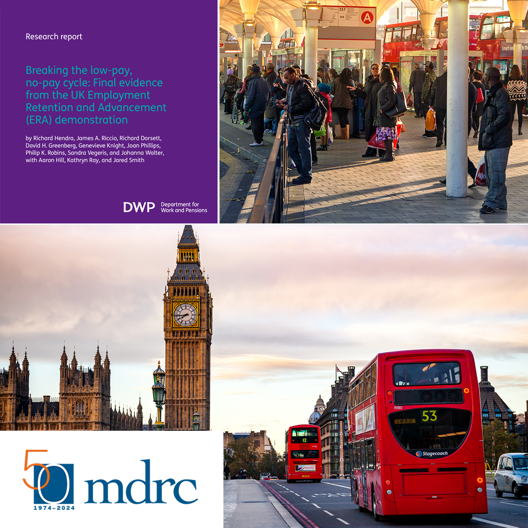 Collage showing London street scenes along with MDRC report cover