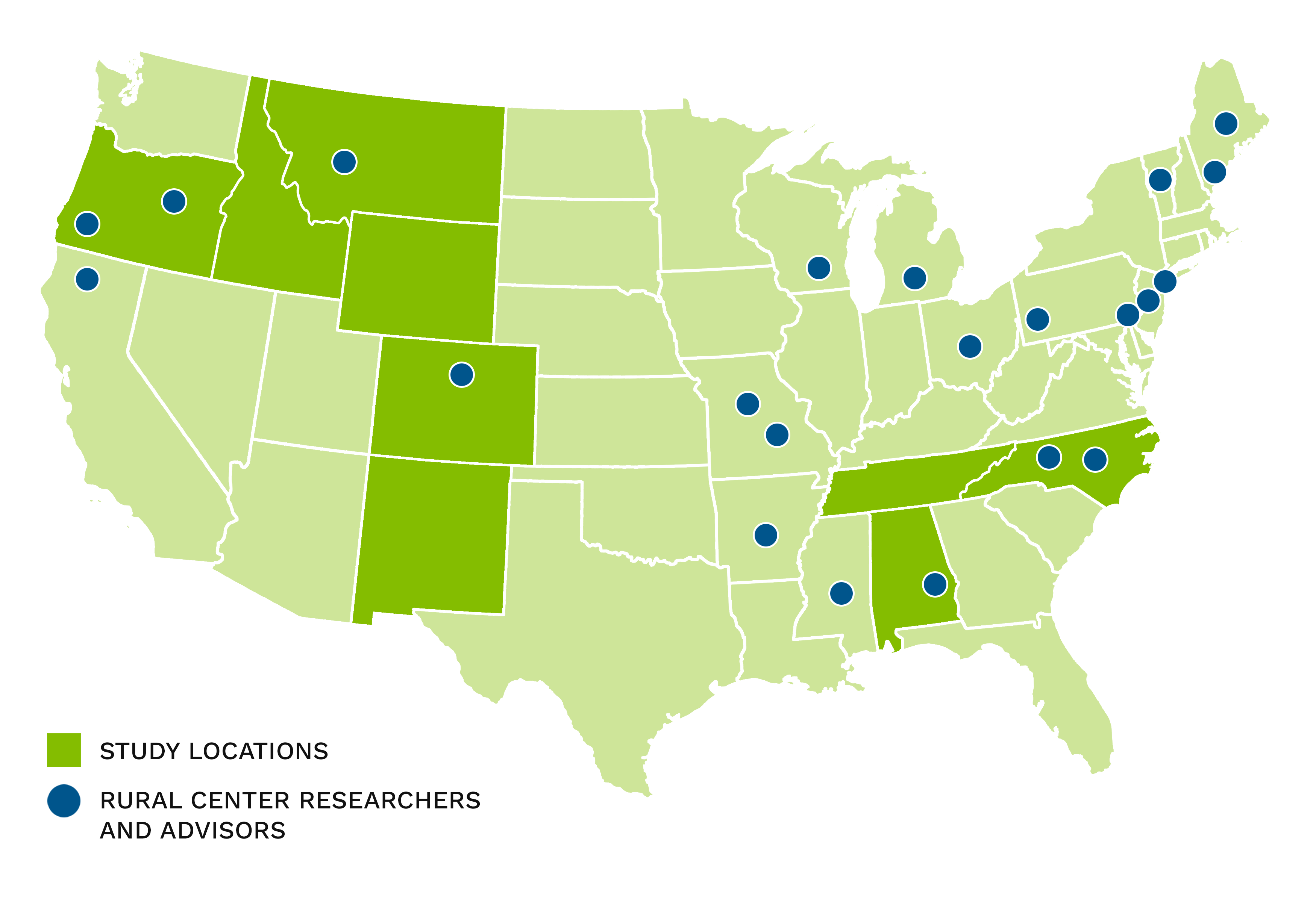 Map of United States showing study locations and locations of rural center researchers and advisors