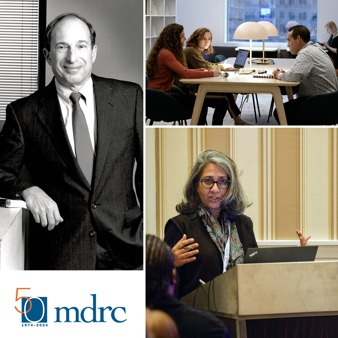 Collage showing former MDRC Board Chairman Board Chairman Richard P. Nathan in the 1980s and MDRC employees today