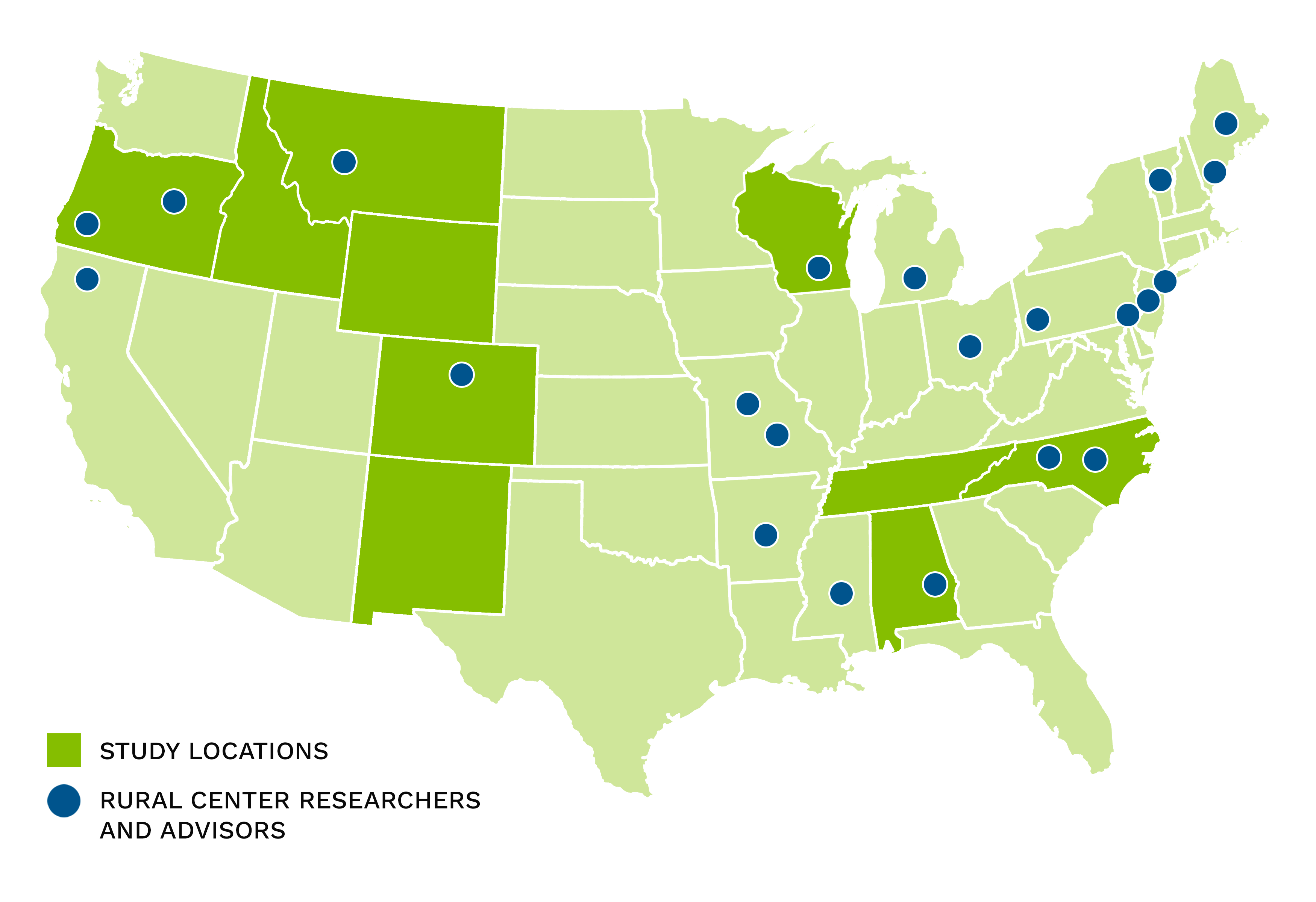 US map highlighting locations of studies and rural center researchers and advisors