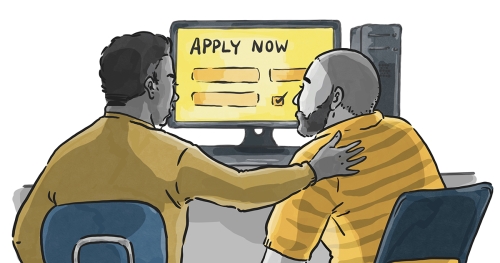 Illustration of a man helping a job applicant with an online application